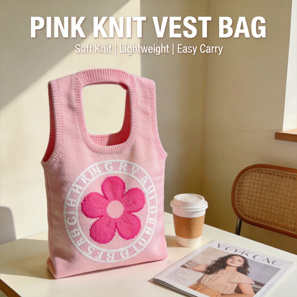 Pink Floral Jacquard Knit Vest Tote Bag, Lightweight Integrated Knitted Handbag for Daily Commute Shopping Cafe Outings