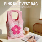 Pink Floral Jacquard Knit Vest Tote Bag, Lightweight Integrated Knitted Handbag for Daily Commute Shopping Cafe Outings