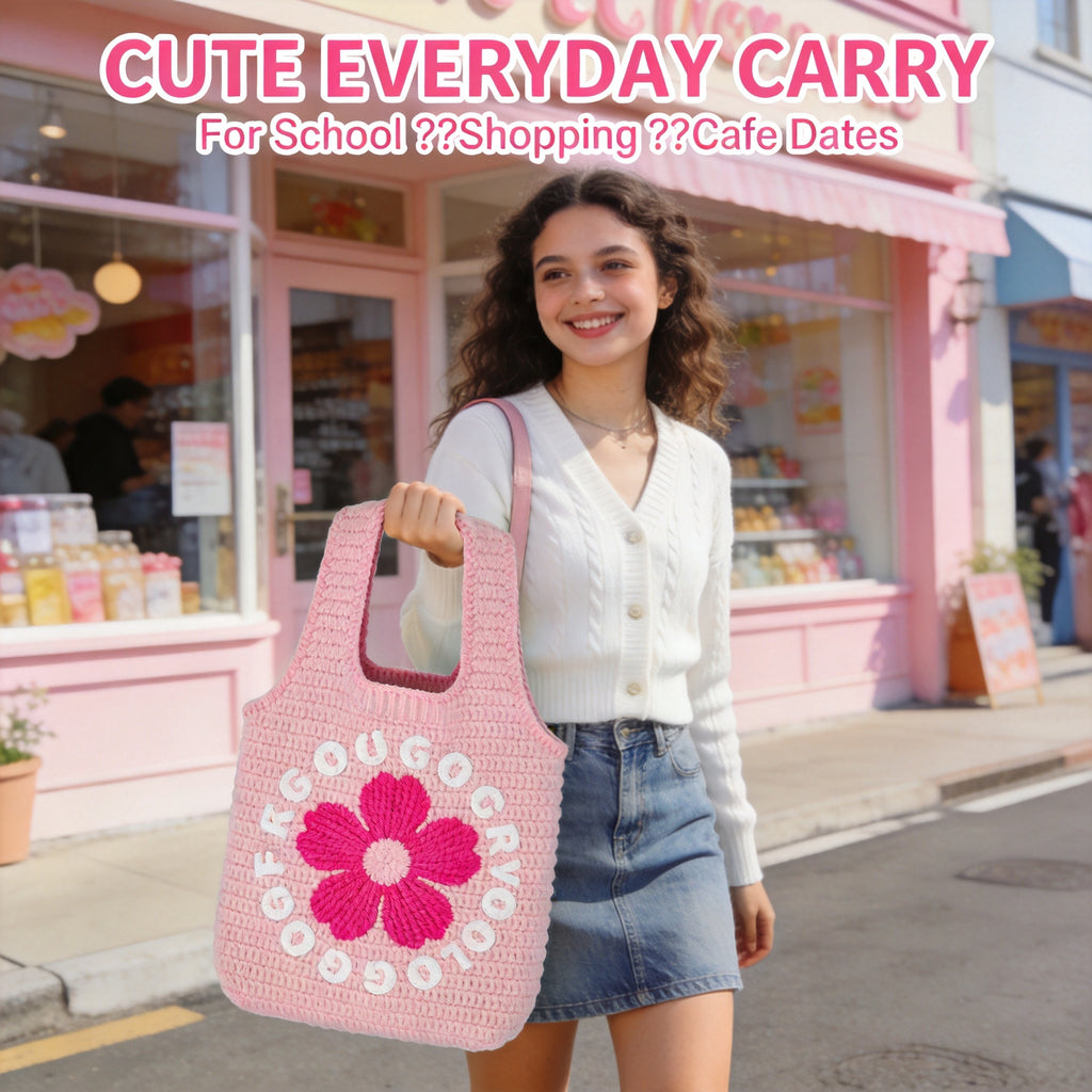 Pink Floral Jacquard Knit Vest Tote Bag, Lightweight Integrated Knitted Handbag for Daily Commute Shopping Cafe Outings
