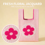 Pink Floral Jacquard Knit Vest Tote Bag, Lightweight Integrated Knitted Handbag for Daily Commute Shopping Cafe Outings