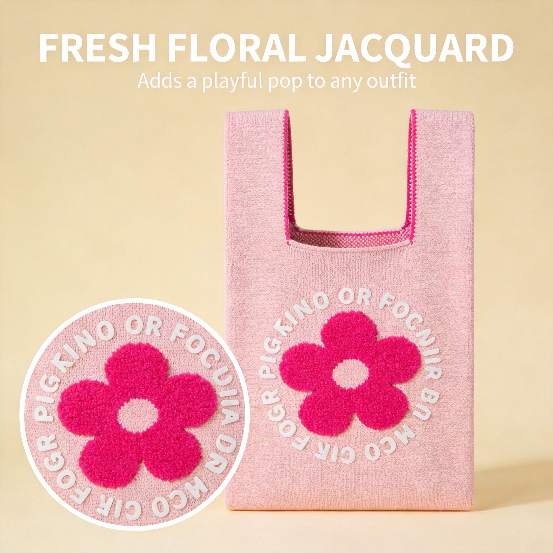 Pink Floral Jacquard Knit Vest Tote Bag, Lightweight Integrated Knitted Handbag for Daily Commute Shopping Cafe Outings