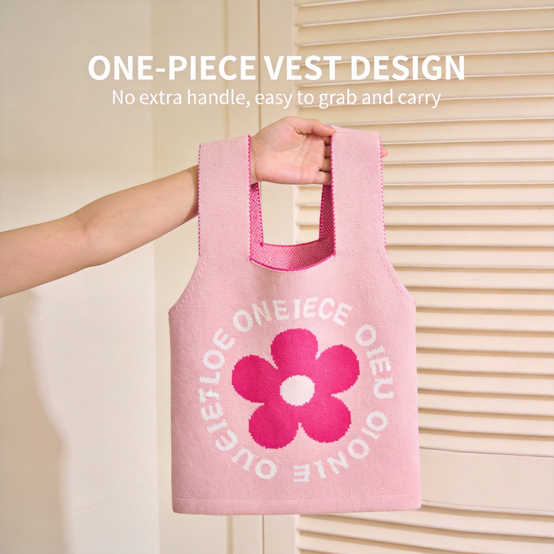 Pink Floral Jacquard Knit Vest Tote Bag, Lightweight Integrated Knitted Handbag for Daily Commute Shopping Cafe Outings