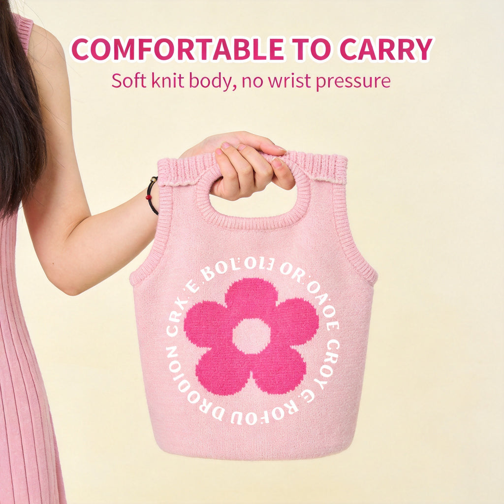 Pink Floral Jacquard Knit Vest Tote Bag, Lightweight Integrated Knitted Handbag for Daily Commute Shopping Cafe Outings