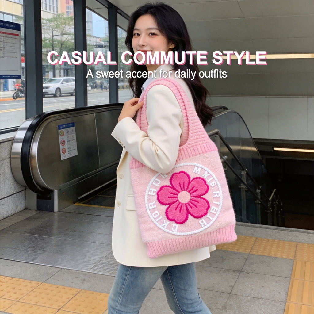 Pink Floral Jacquard Knit Vest Tote Bag, Lightweight Integrated Knitted Handbag for Daily Commute Shopping Cafe Outings