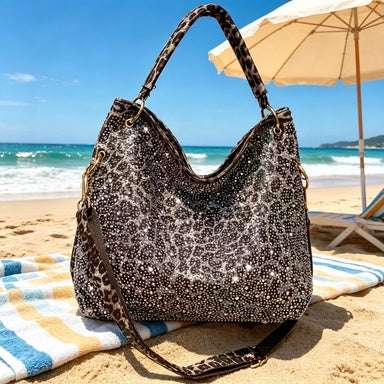 Rhinestone Leopard Print Women Tote Bag Solid Detachable Strap Shoulder Purse