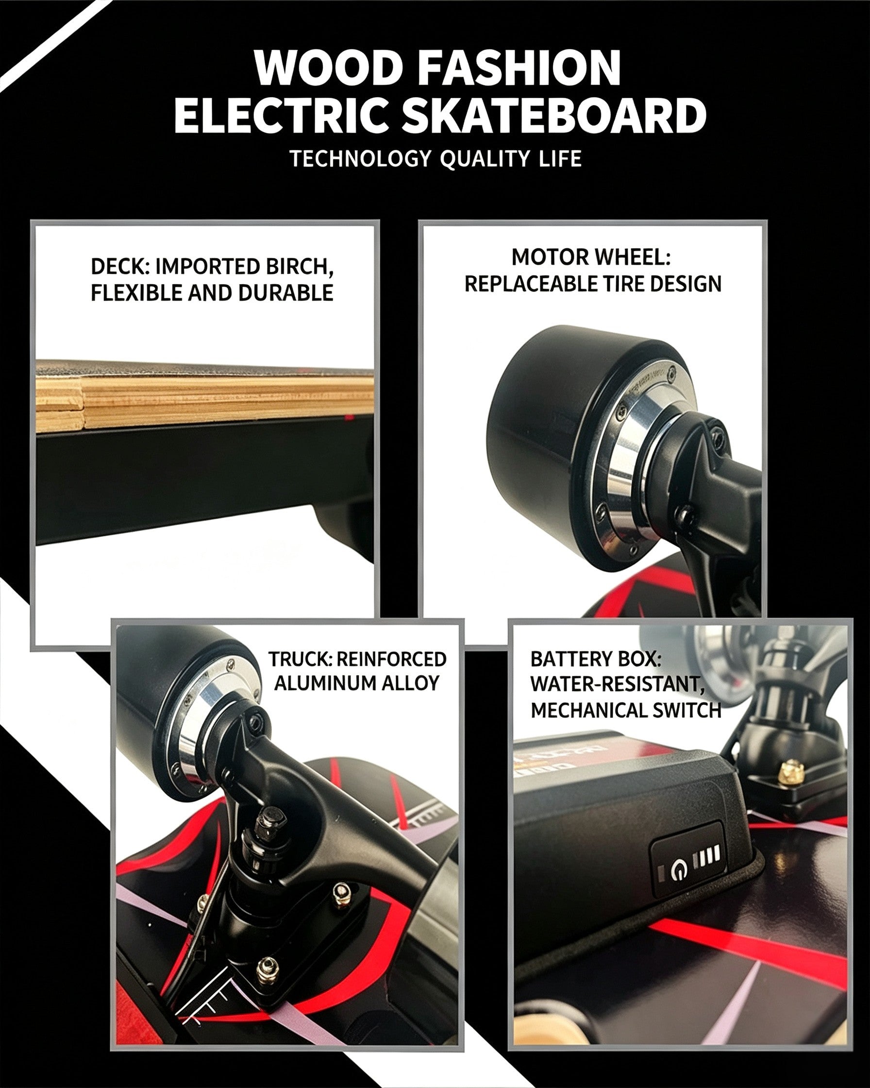 All Terrain Electric Longboard Skateboard Low Noise Wheels, Portable Cruiser for Campus & Urban Commute