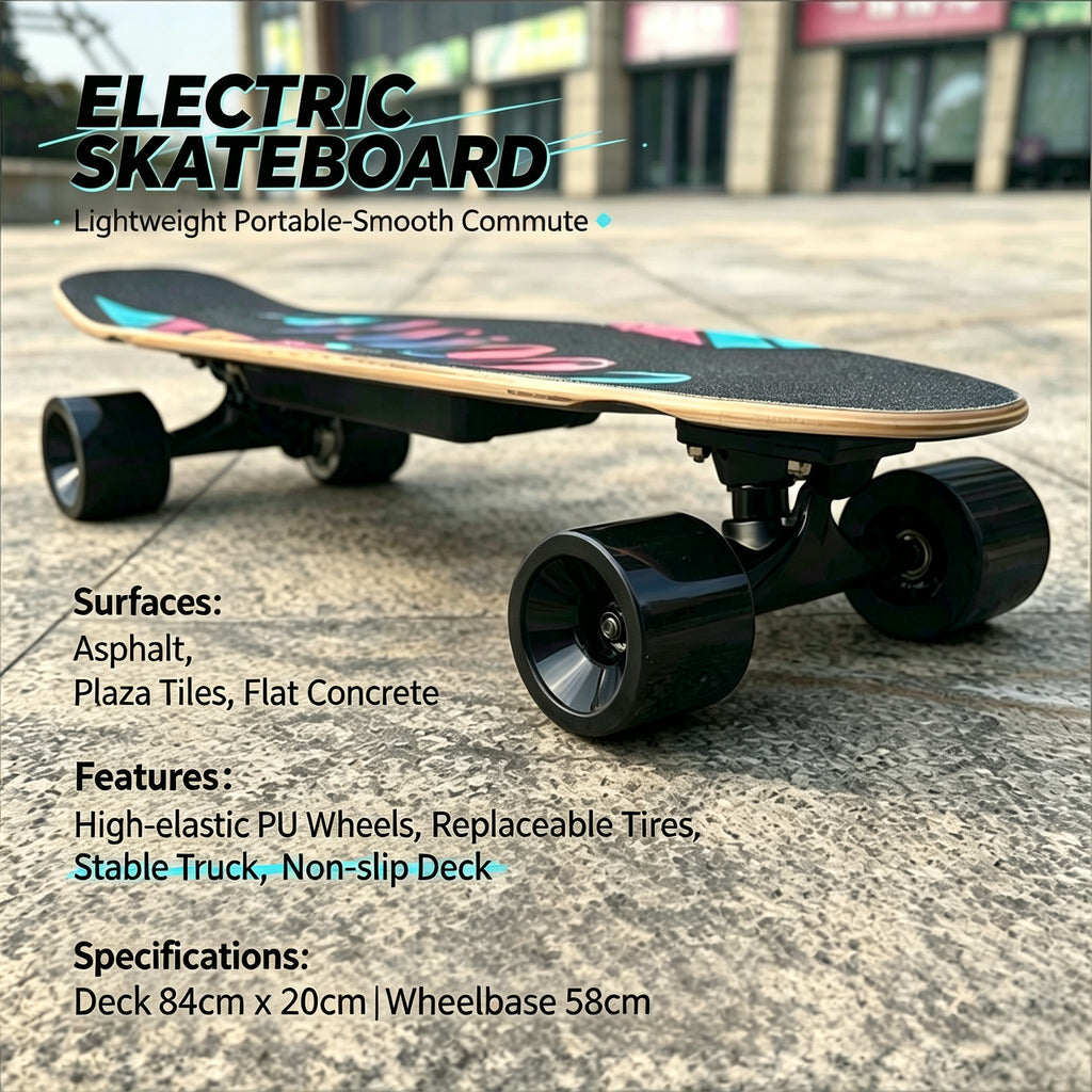 All Terrain Electric Longboard Skateboard Low Noise Wheels, Portable Cruiser for Campus & Urban Commute