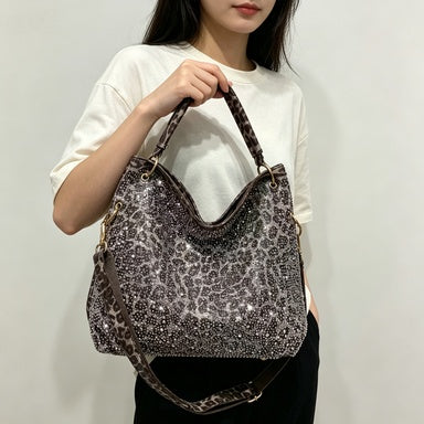 Rhinestone Leopard Print Women Tote Bag Solid Detachable Strap Shoulder Purse