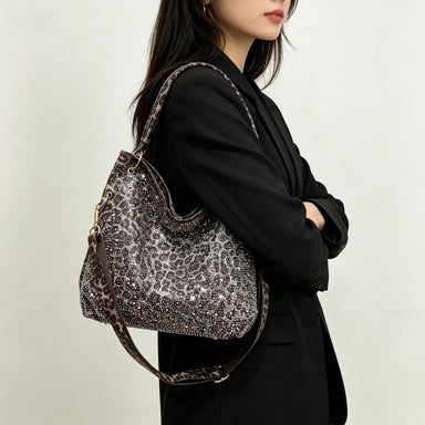 Rhinestone Leopard Print Women Tote Bag Solid Detachable Strap Shoulder Purse