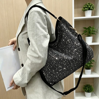 Rhinestone Leopard Print Women Tote Bag Solid Detachable Strap Shoulder Purse