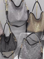 Rhinestone Leopard Print Women Tote Bag Solid Detachable Strap Shoulder Purse