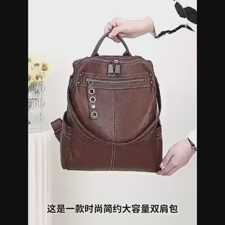 Women Soft Genuine Leather Large Capacity Backpack School Travel Rucksack